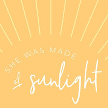 Load image into Gallery viewer, A greeting card titled "She Was Made of Sunlight" from the "Best Gal" gift box, paired with vibrant Ray of Sunshine Lemondrops, a soothing soy candle, a playful and chic coffee mug that reads "Good Morning, Sunshine," and mini inspirational quote cards. This thoughtful ensemble is perfect for celebrating and uplifting your best gal, reminding her just how amazing she is.