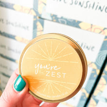 Load image into Gallery viewer, Light up your space with "You're the Zest" candle, where exotic citrus and sugar notes mingle in a tantalizing blend! Let its zesty aroma whisk you away to a sunny paradise, adding a splash of brightness and sweetness to any room. Perfect for uplifting your mood and energizing your senses with every flicker of its flame.
