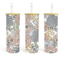 Load image into Gallery viewer, Elevate every sip with our delightful 25 oz glass tumbler, featuring a whimsical hand-drawn floral print. Perfect for anyone who loves to add a splash of fun to their drinks, this high-quality glass tumbler is as durable as it is elegant.