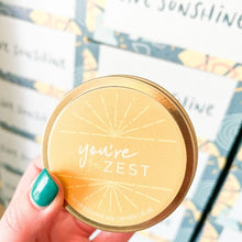 Load image into Gallery viewer, Light up your space with "You're the Zest" candle, where exotic citrus and sugar notes mingle in a tantalizing blend! Let its zesty aroma whisk you away to a sunny paradise, adding a splash of brightness and sweetness to any room. Perfect for uplifting your mood and energizing your senses with every flicker of its flame.
