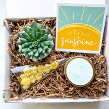 Load image into Gallery viewer, A gift box featuring a cheerful greeting card with the message &quot;Hello Sunshine,&quot; vibrant Ray of Sunshine Lemondrops, a charming faux succulent (may vary), and a soothing soy candle. Perfect for brightening someone&#39;s day with a touch of warmth and positivity.
